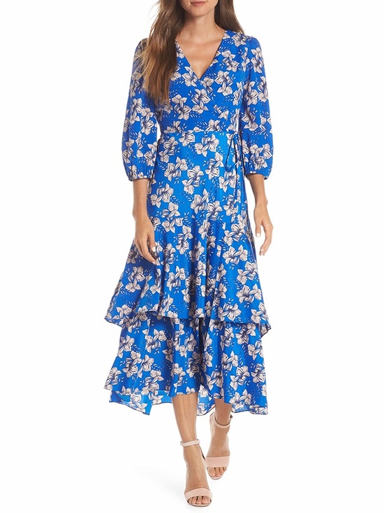 Eliza J Dresses & Skirts - Eliza J Floral Faux-Wrap Tiered Midi Dress Blue Women's - Size 8